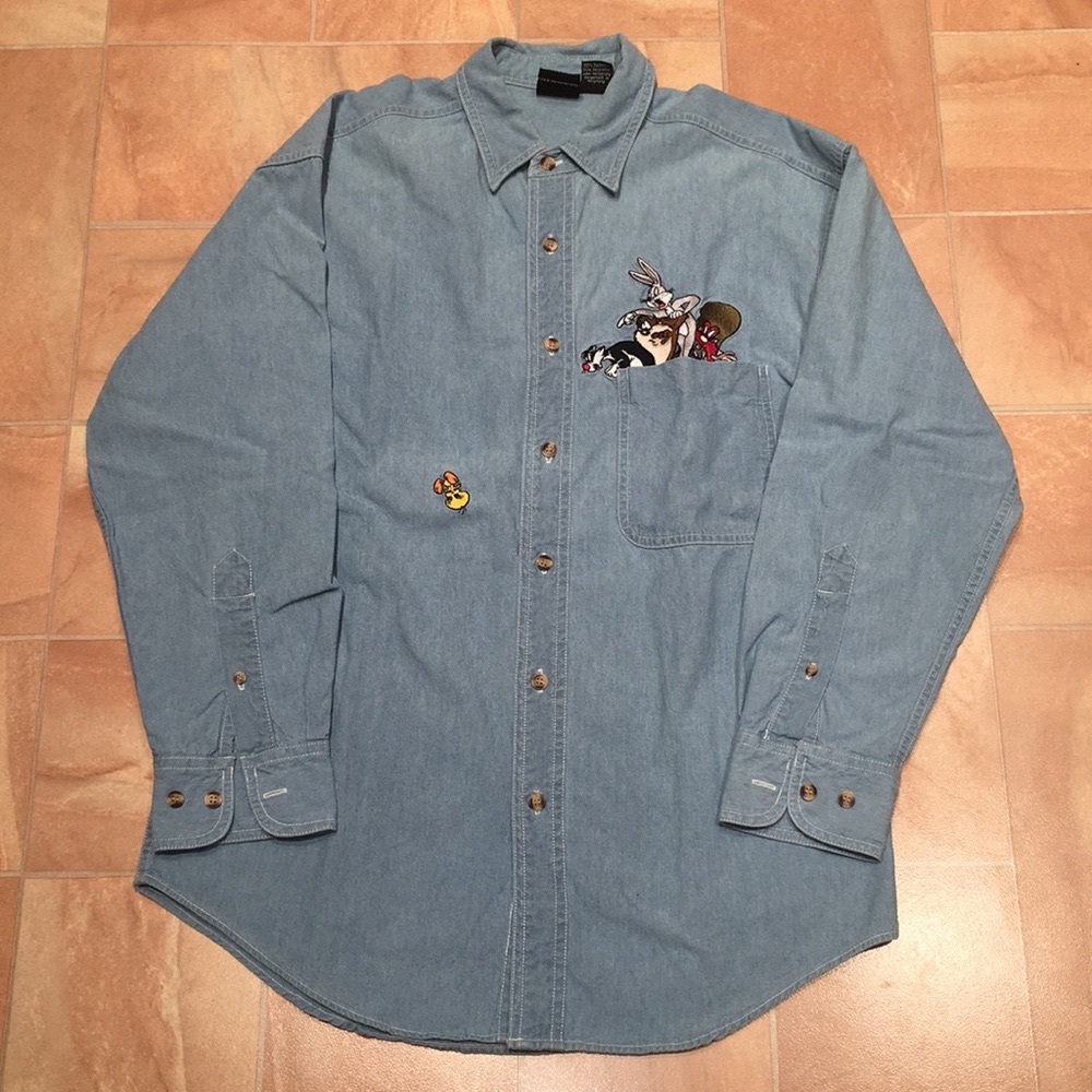 Warner Bros Vintage Embroidered Looney Tunes Jean Long Sleeve Button Down Shirt